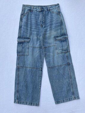 H&M Blue Medium Wash Baggy Oversized Cargo Denim Jeans Size 6 Grunge Alternative